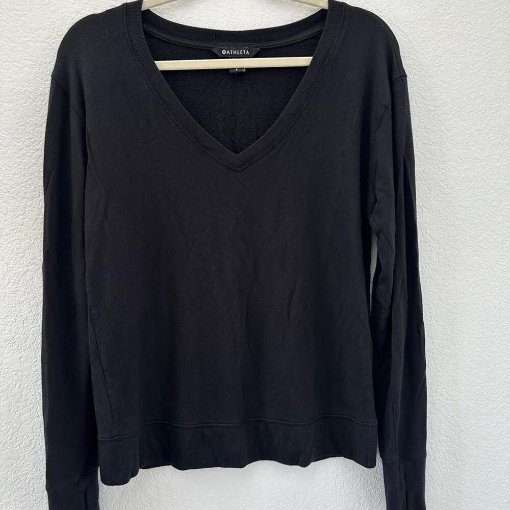 Athleta Cozy Karma V-Neck Sweatshirt Black Size S Thumbholes Tencel Modal